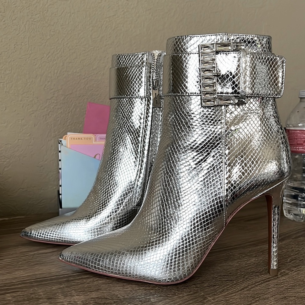 Michael Michael Kors Giselle Embellished buckle Silver Metallic leather boots
